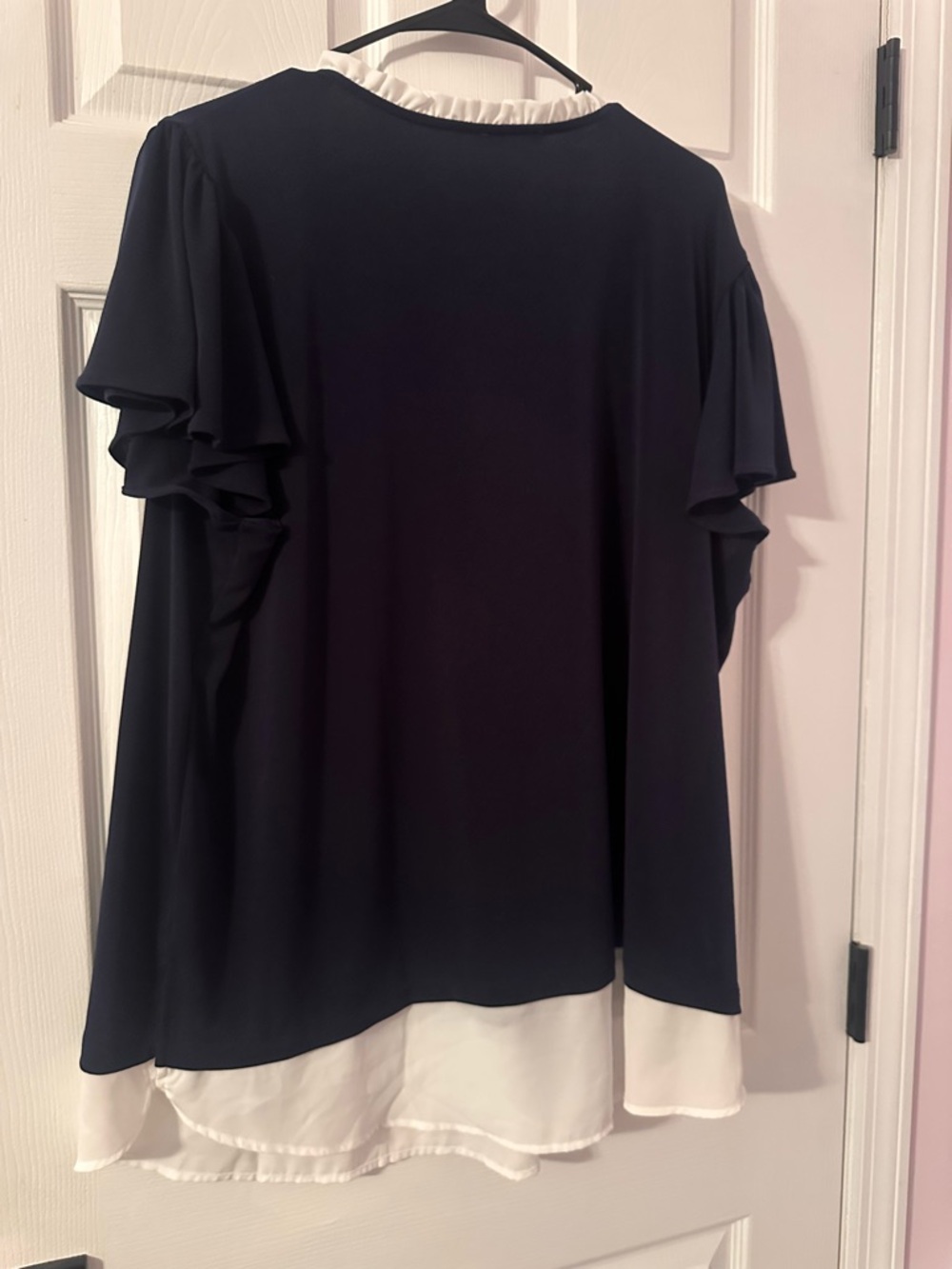 Adrianna Papell Navy Top with White Ruffle Trim - Picture 2 of 3
